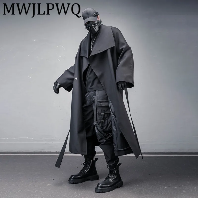 

MWJLPWQ уличный стиль дизайн пояса осенний длинный плащ мужской темный модный тренд на одной пуговице свободные топы выше колена 12899