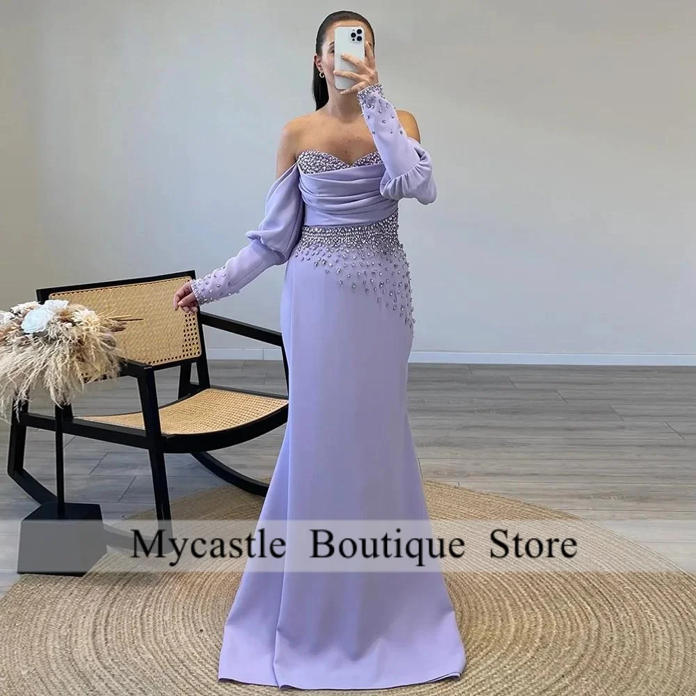 Vestido de fiesta lila, mangas abullonadas personalizadas, escote en forma de corazón, diamantes de imitación de cristal, tren de barrido, vestido de noche plisado de sirena, vestidos de fiesta