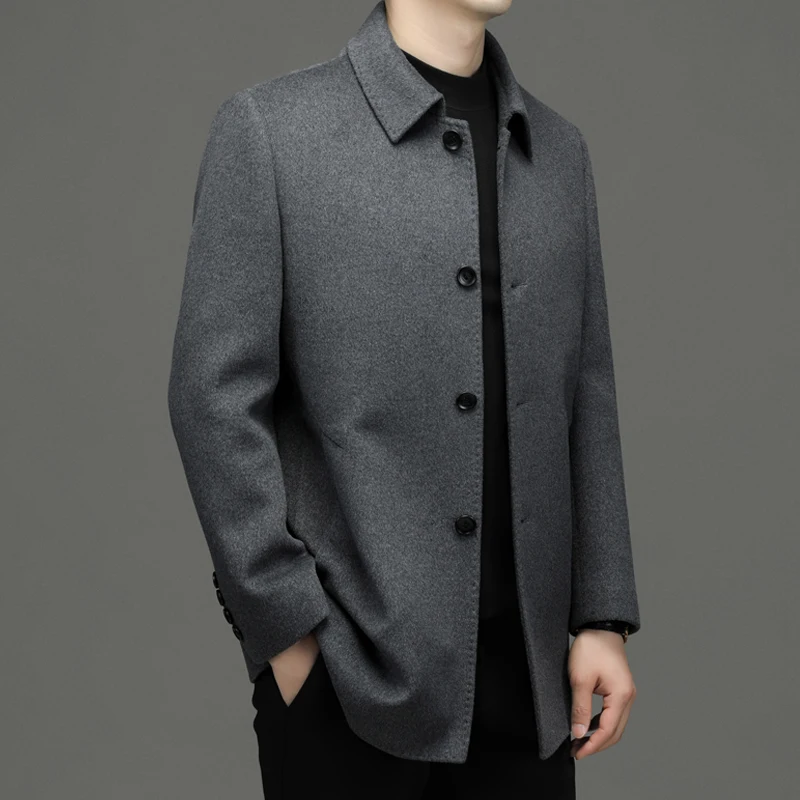 New Men\'s Fashion Cashmere Elegant Gentleman Business Solid Color Slim Casual Double-sided Cashmere Coat Medium Long Woolen Coat