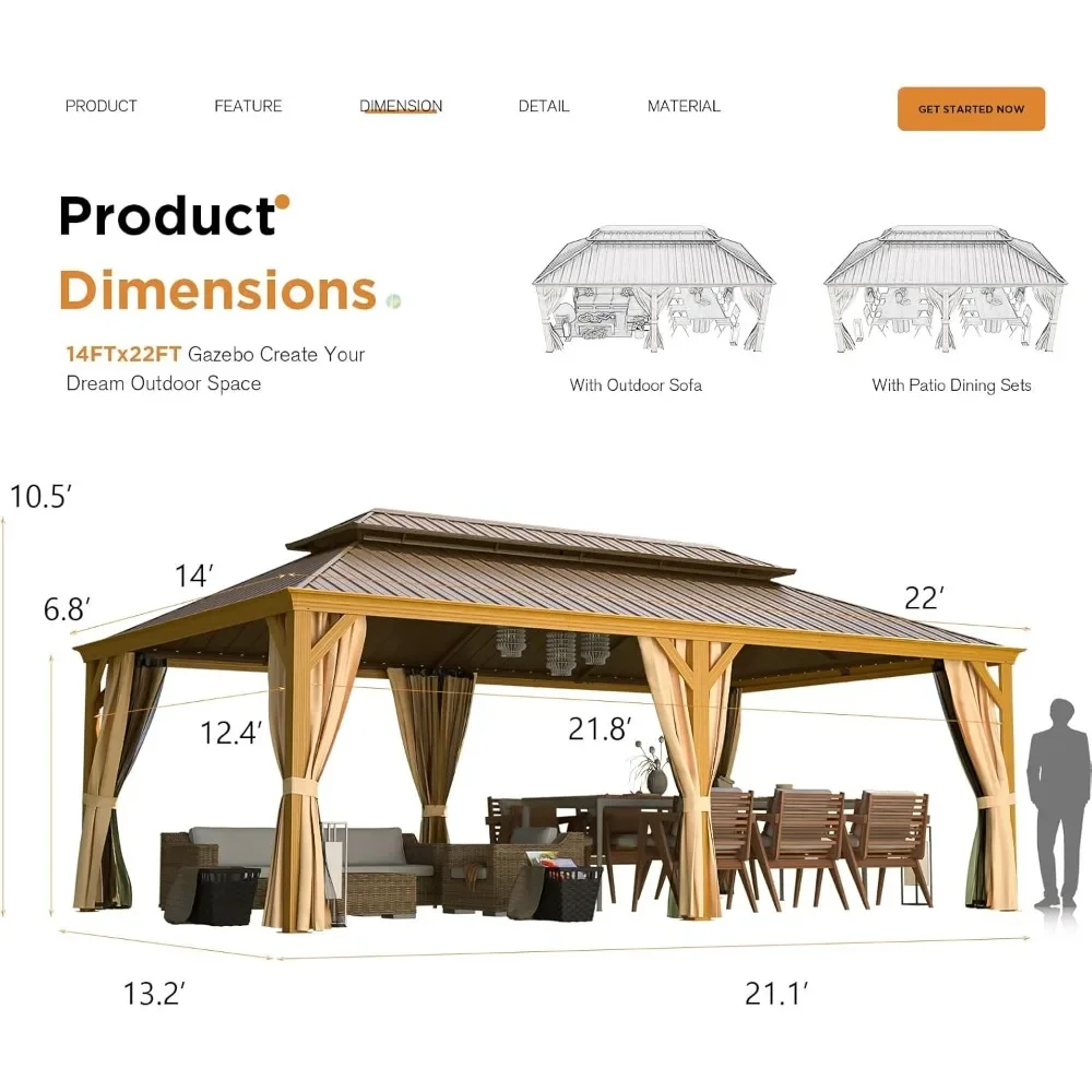 14' X 22' Hardtop Gazebo Wood-Looking Aluminum Frame Pergola with Galvanized Steel Double Roof, Outdoor Permanent Metal Pavilion