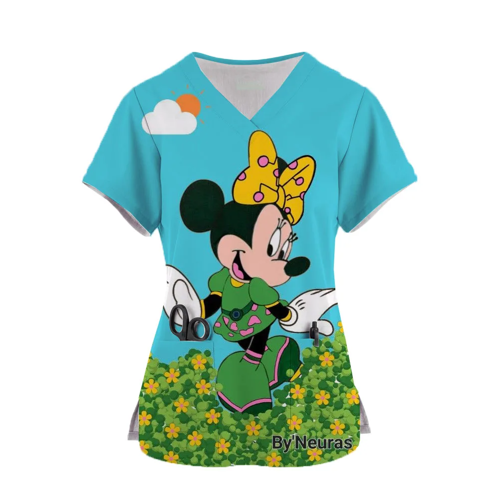 Miniso Disney Mickey Mouse 2024 Nurse Medical Uniforms V-neck Short Sleeve Pocket Workwear Scrubs Medical Accessories Uniform