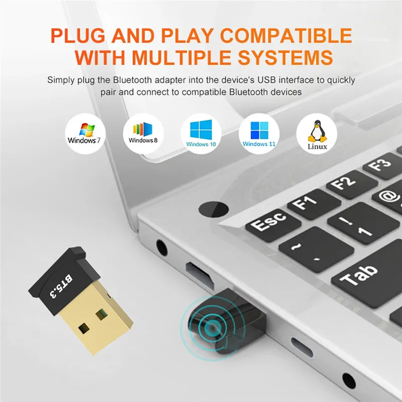 USB Bluetooth 5.3 Dongle adaptador, alto-falante sem fio, receptor de áudio, transmissor para PC, laptop, kit para carro, Bluetooth V5.1