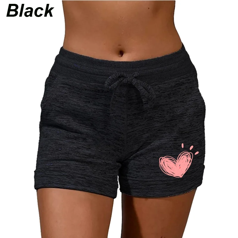 Summer Pink Heart Printed Womens Quick-drying Shorts Yoga Pants Casual Sports High Waist Drawstring Fitness Shorts