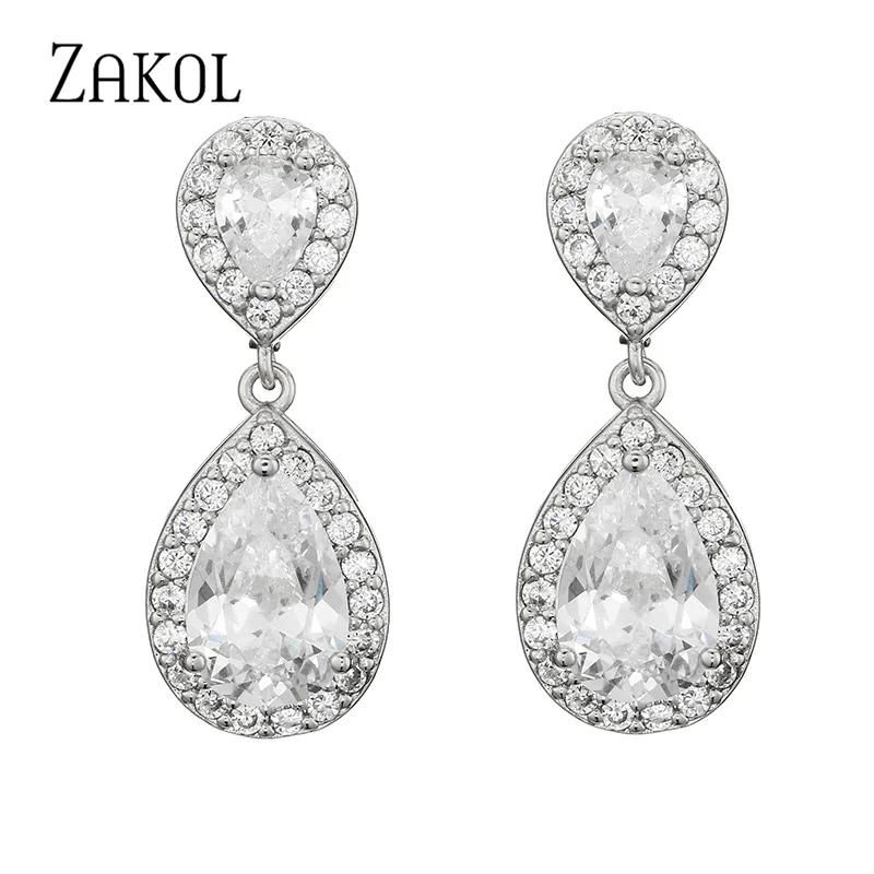 ZAKOL Nickle Free Fashion Classic Water Drop Crystal Zirconia Dangle Earrings Bridal Wedding Jewelry for Women Wholesale