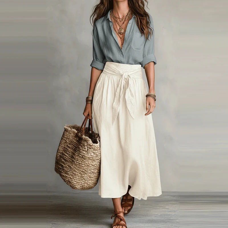 

2026 Spring Long Sleeve Button Lapel Shirt & Lace-up Long Skirts Outfit Women Elegant Office 2pcs Sets Summer Casual Suits Mujer