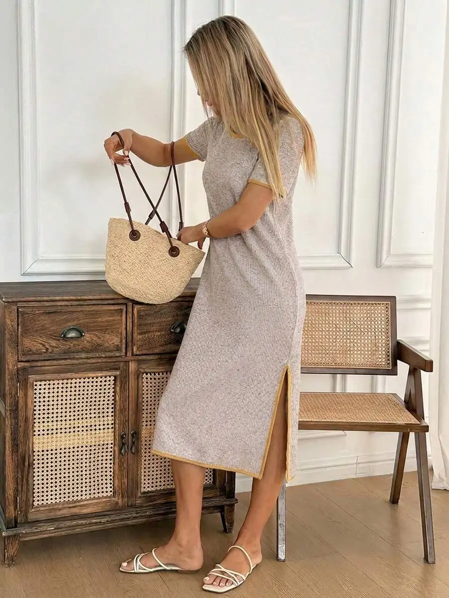 

Women Casual Vacation Dress With Contrast Binding Split Hem Loose Mid-Length Summer