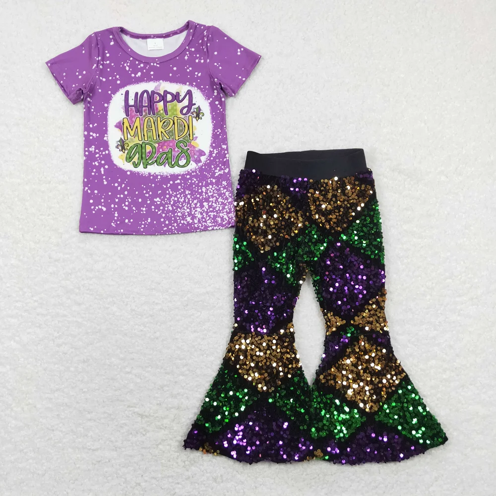 New Fashion Happy Mardi Gras Purple Short Sleeve Purple Yellow Green Diamond Plaid Set Wholesale Boutique Children Clothes