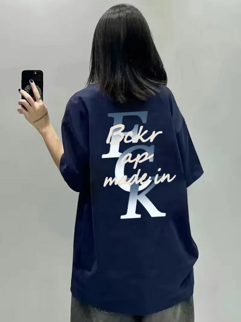 American High Street Personalized Printing Loose Women Clothing Summer Navy Blue Lovers Wear Y2k Clothes Oversized T Shirt