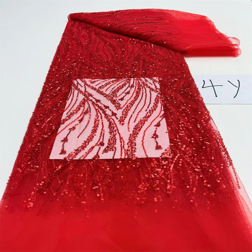 ผ้าลูกไม้ตาข่ายประดับลูกปัดแบบฝรั่งเศส ผ้าลูกไม้ปักเลื่อมคุณภาพสูงสำหรับชุดแต่งงานผู้หญิง 4 หลา