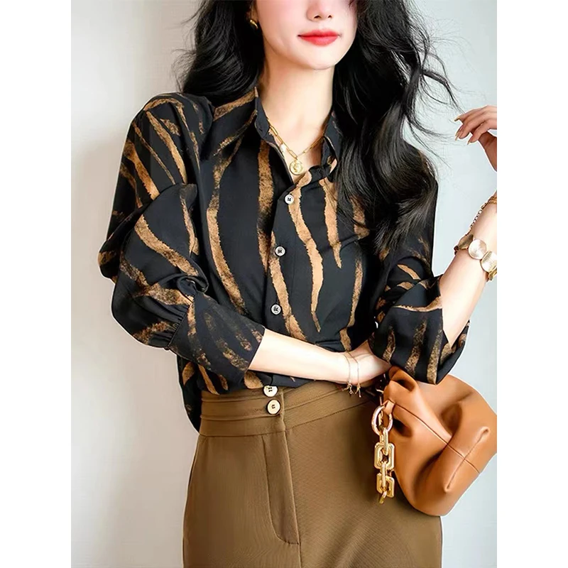 Women Korean Fashion Loose Striped Satin Polo-Neck Long Sleeve Shirts Women Clothes All-match Appear Thin Office Lady Tops