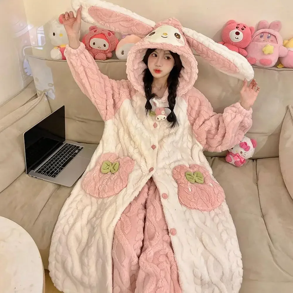 Kawaii My Melody Plush Night-Robe Set Warm Women Pajamas Set Cartoon Anime Flannel Bathrobe Thicken Homewear Girls Nightgown