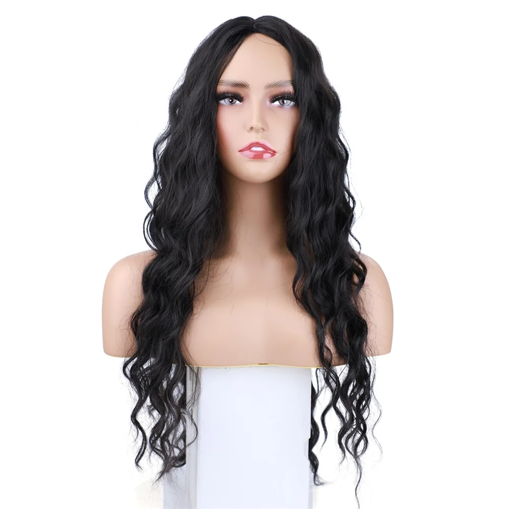 Lydia 22IN Long Curly Wavy Synthetic Cosplay Daily Deep Wigs Skin Topper Knekalon Heat Resistant Black Loose Wave For Women 60cm