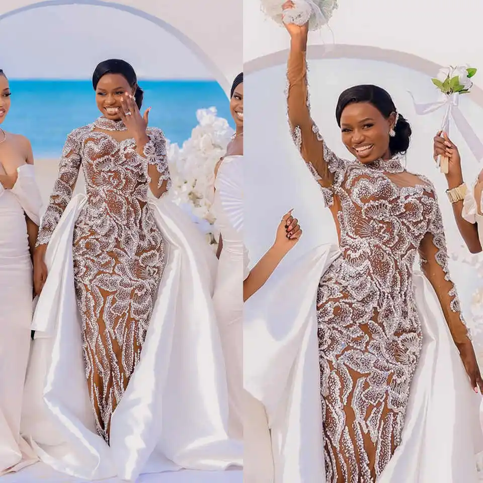 

Великолепное свадебное платье русалки с 3D аппликациями и бусинами, свадебные платья по индивидуальному заказу с атласным шлейфом Robe De Mariee