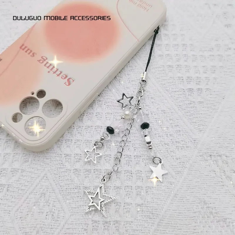 Y2K Phone Charm Straps Cute Gothic Star Pearl Keychain Kawaii for Key Bag Book Chain Beaded Cellphone Chain Simple Sweet Lanyard