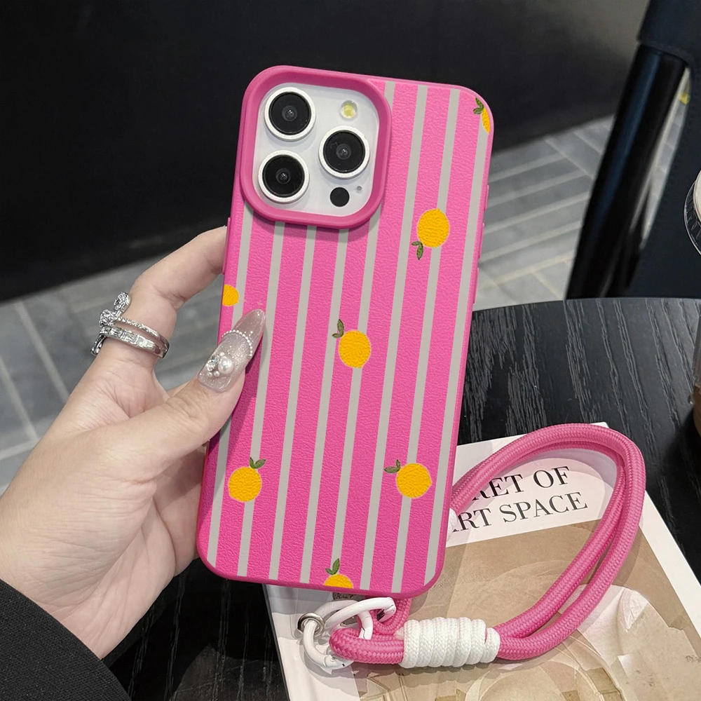Striped Lemon Hand Wrist Strap Leather Phone Cases For iPhone 17 13 11 12 Pro Max Plus 15 14 16 XR XS 17 Air With Lanyard Cover view 5