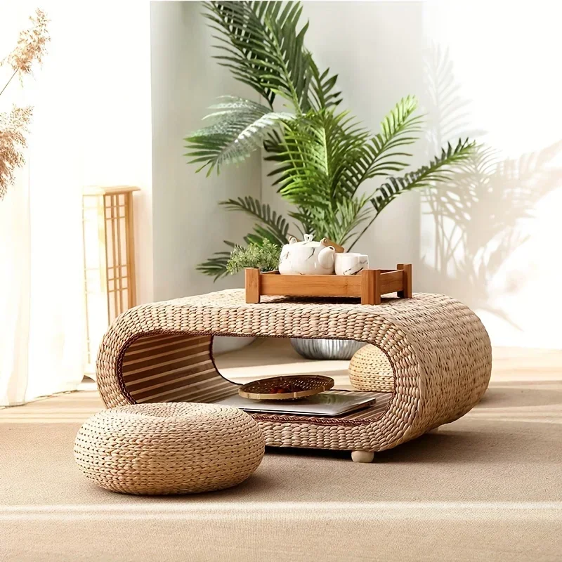 Rattan Woven Straw Coffee Table Bay Window Coffee Table Solid Wood Tatami Coffee Table Living Room Home Creative Floor Tables