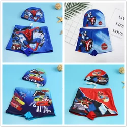 Traje de baño para bebé, conjunto de pantalones y gorro, pantalones cortos de dibujos animados de Spiderman, Pixar, Cars, Capitán América