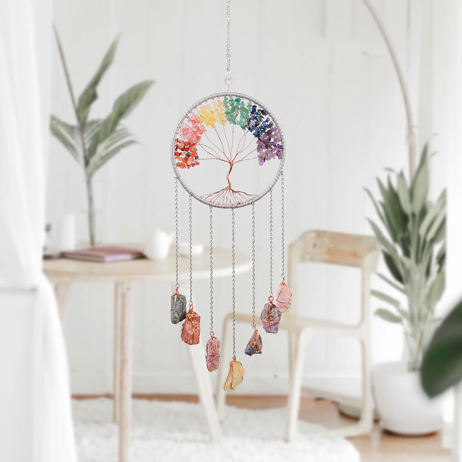 7-Chakra-Baum des Lebens, Mond, Traumfänger, Kristallstein, Regenbogen, natürliche Edelsteine, Sonnenfänger, zum Aufhängen, Wanddekoration für Zuhause und Zimmer