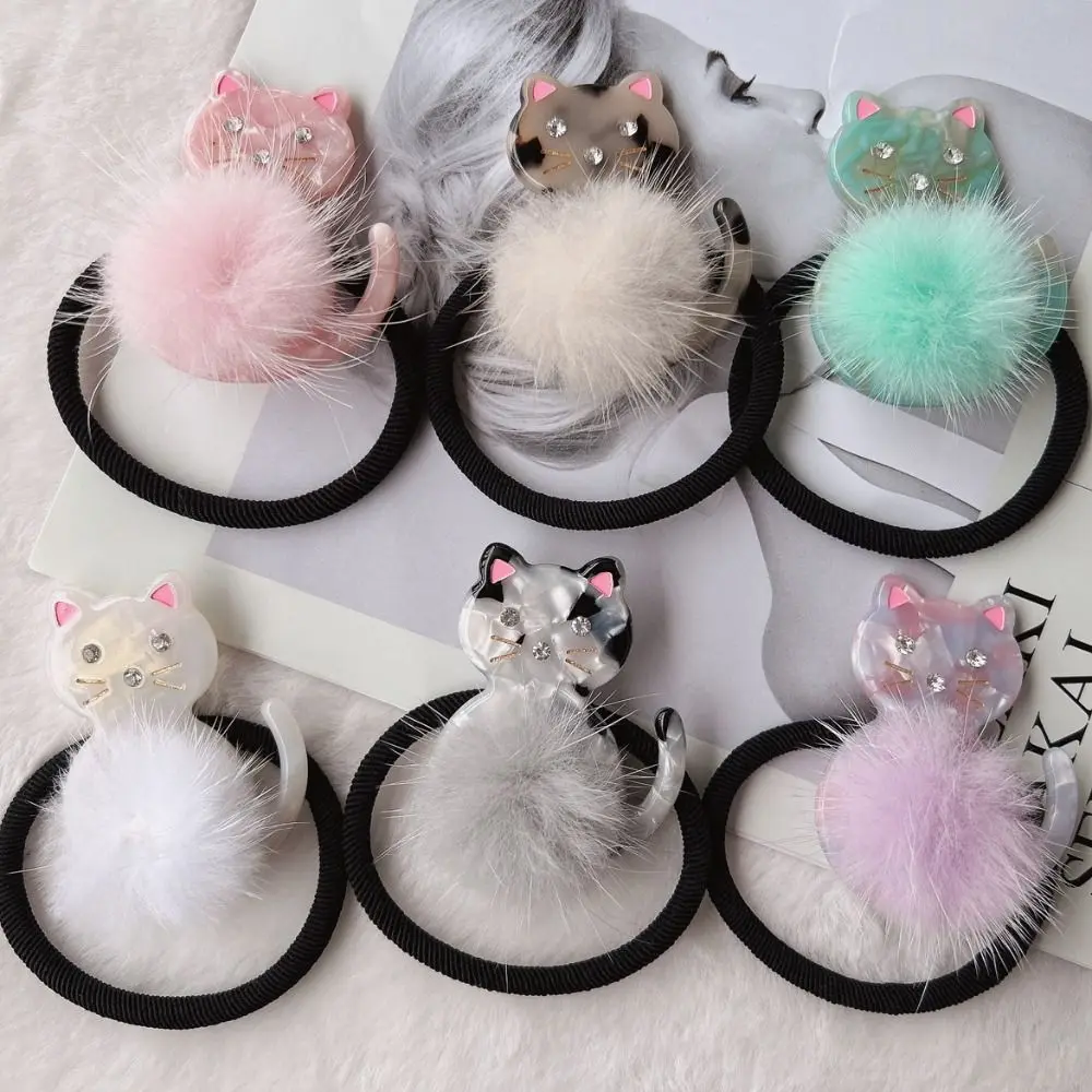 

Rhinestone Hair Rope Women Hair Accessories Girls Cute Plush Acetic Acid Cat Elastic Hair Band Korean Ponytail Holder