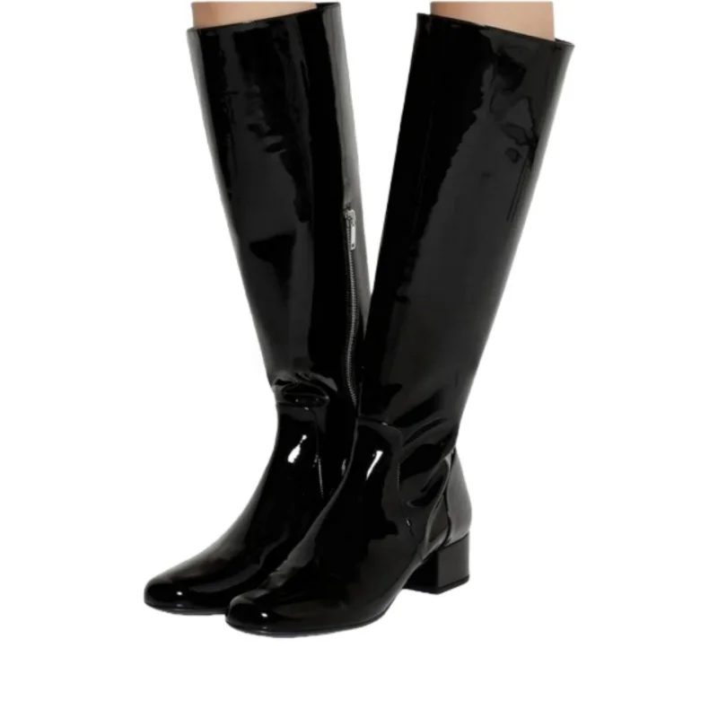 

Fashion Black Patent Leather Zipper Women Flat Boots Round Toe Zipper Block Heels Winter Tall Boots Big Size 46