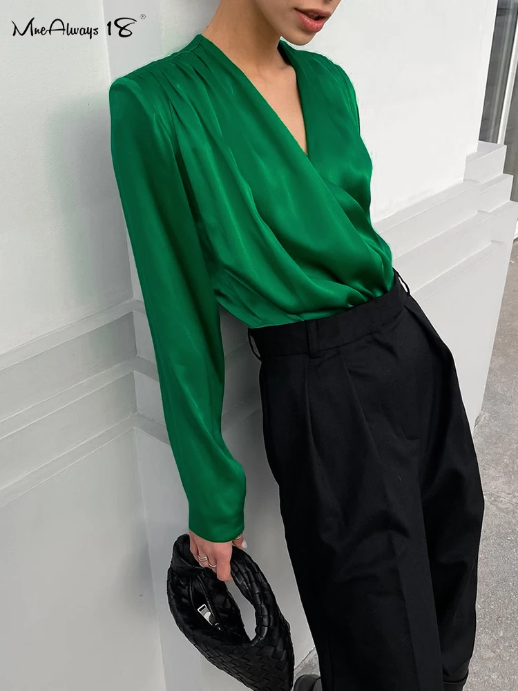 Mnealways18 Shoulder Pad Green Draped Shirts Women Long Sleeve V-Neck Elegant Satin Blouses And Tops Pleated Ladies Office 2023