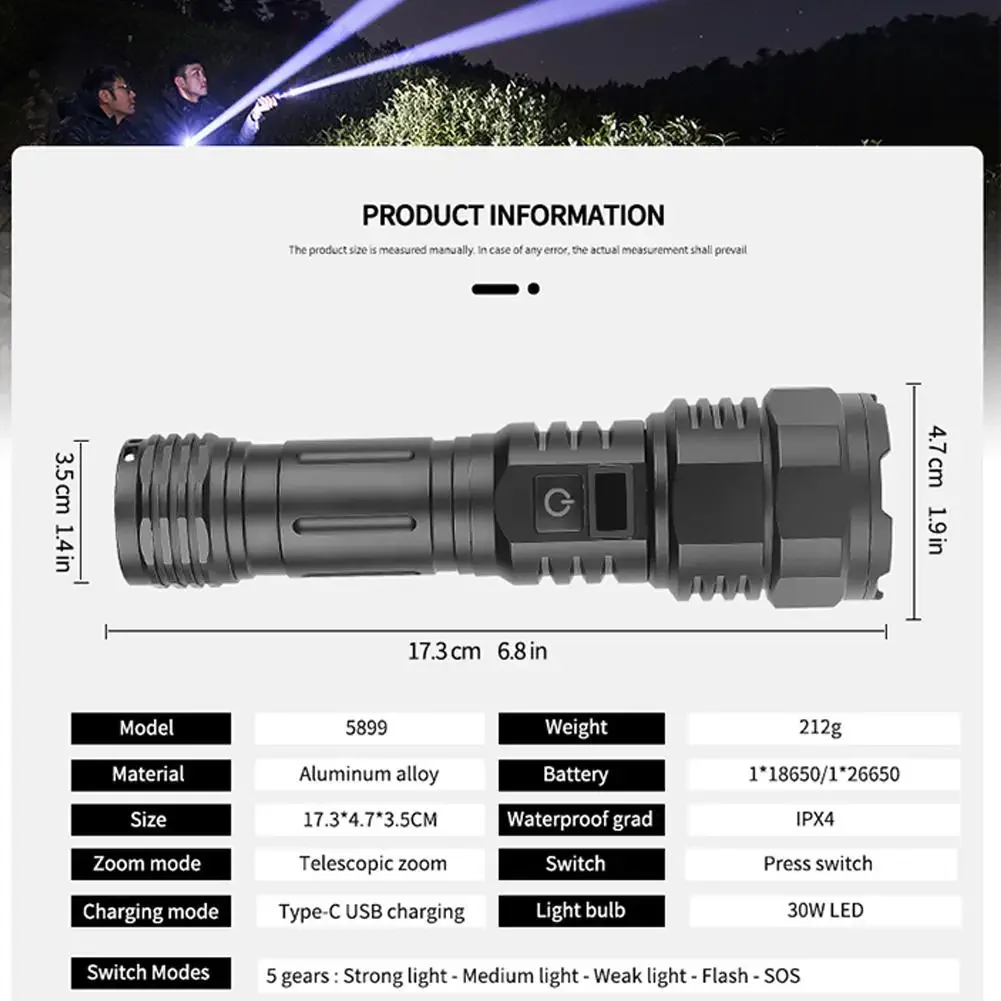 100000000 Lumens White LED Torch Strong light USB C Rechargeable Powerful Flashlight Zoomable Torch Light 5Modes for Outdoor