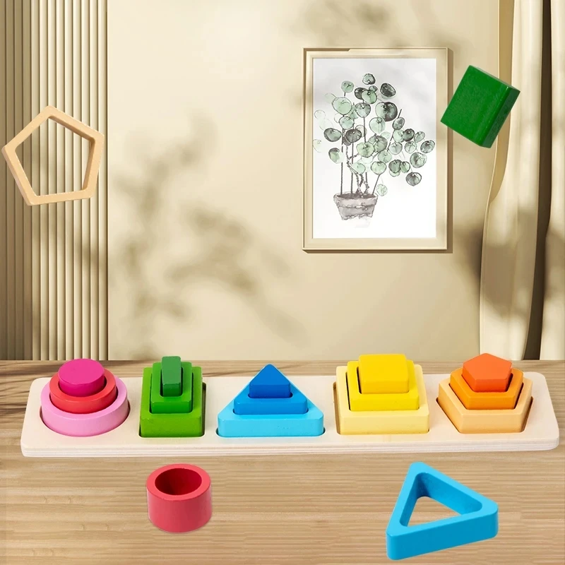 Montessori Wooden Geometric Shape Five Sets of Columns Blocks Assembling Children's Enlightenment Early Education Puzzle Toys