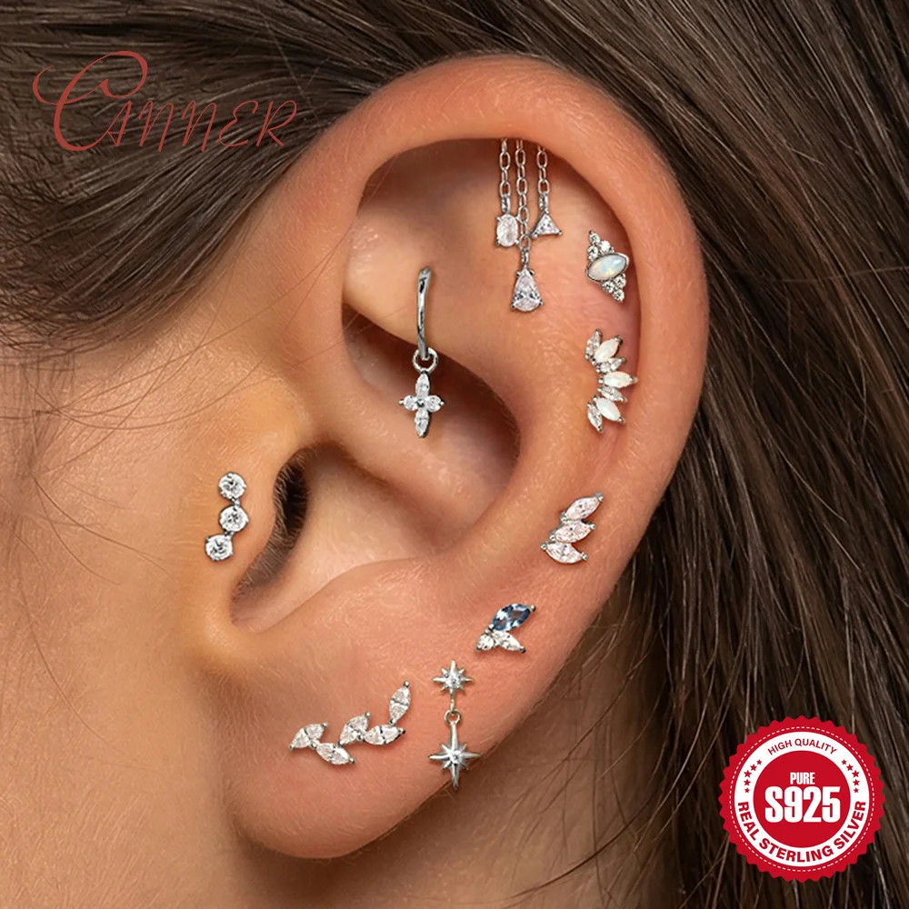 

CANNER 925 Sterling Silver Star/Horse eyes Zircon Heart Shaped Flat Back Internal Thread For Women New Fashion Piercing Earrings