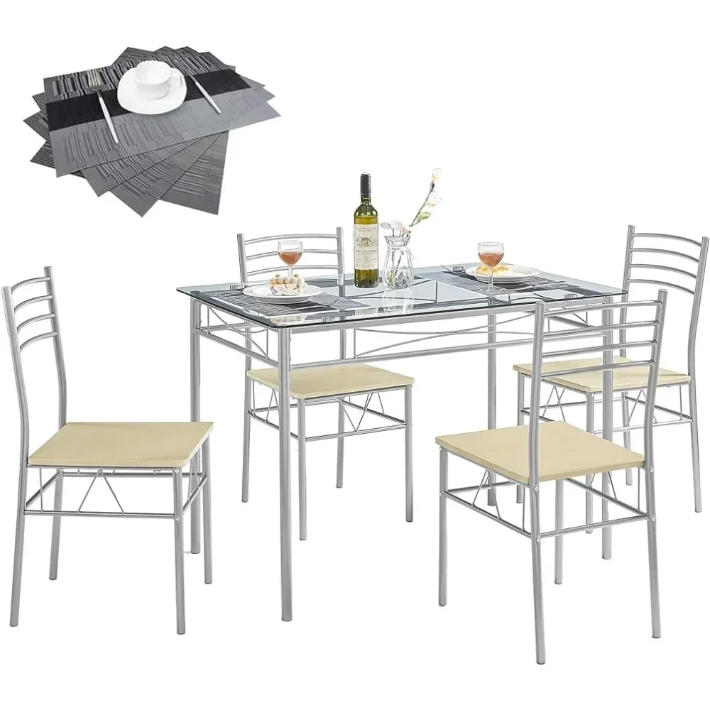 Dining Table with 4 Chairs [4 Placemats Included-] Silver X-Large Kitchen Room Sets