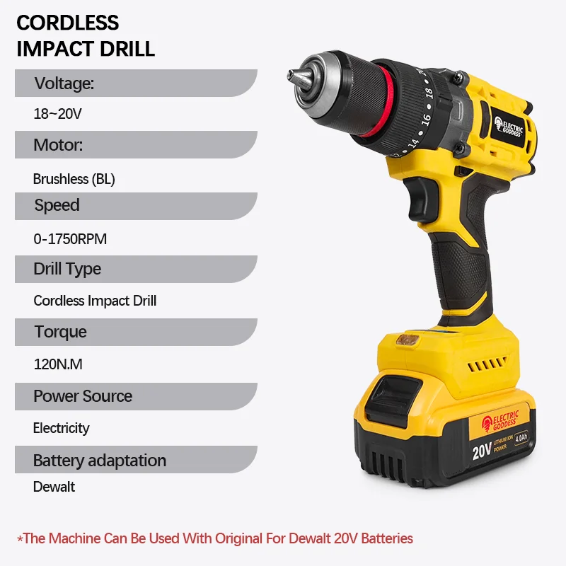 Electric Goddess Brushless Motor 13mm Chunk за електрическа ударна бормашина с батерия Dewalt 20V, акумулаторен акумулаторен електрически винтоверт