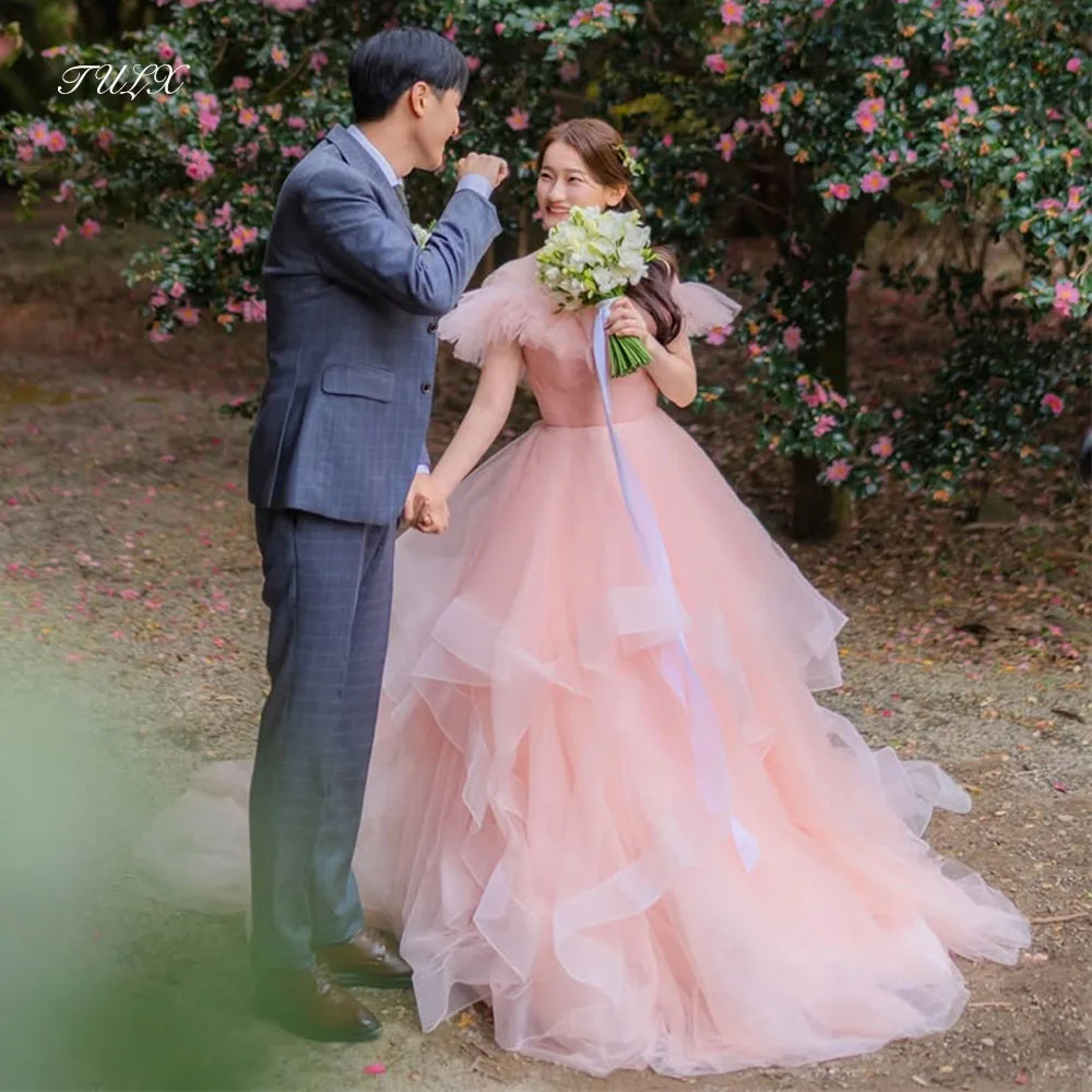 TULX fée Tulle rose robe de soirée corée mariage séance Photo épaules nues longue à plusieurs niveaux robe de soirée de mariée Corset personnalisé 2025