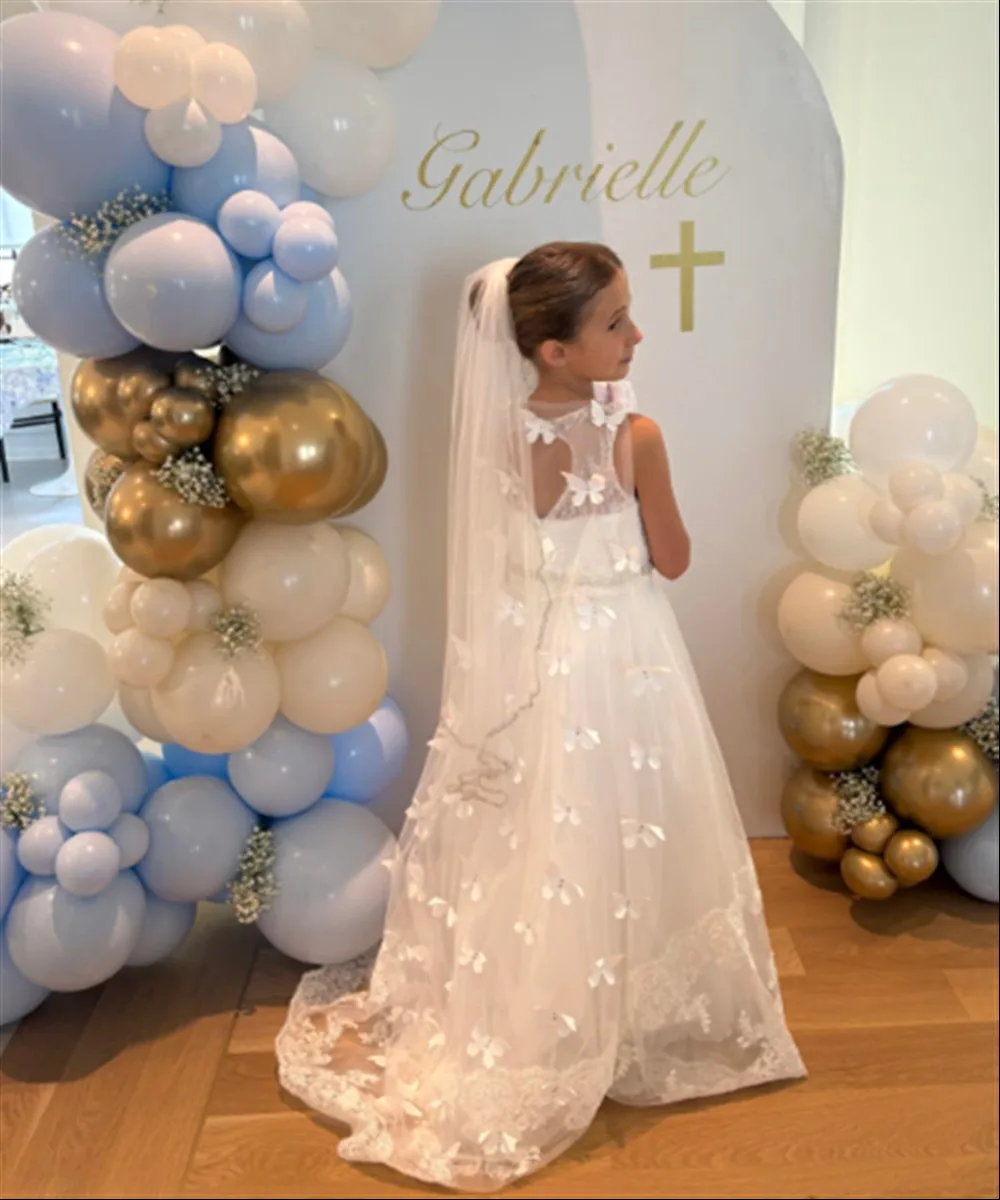 

Flower Girl Wedding Dress Appliques Lace Butterfly Princess Christening Banquet Birthday Party Pageant Kids First Communion Gown