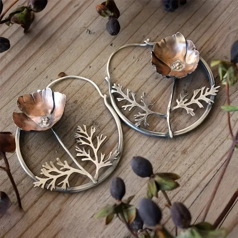 

Vintage Hand Carved Branch Flower Dangle Women's Earrings Two Color Metal Geometry Daily Wear Party Jewelry Anniversary Gift