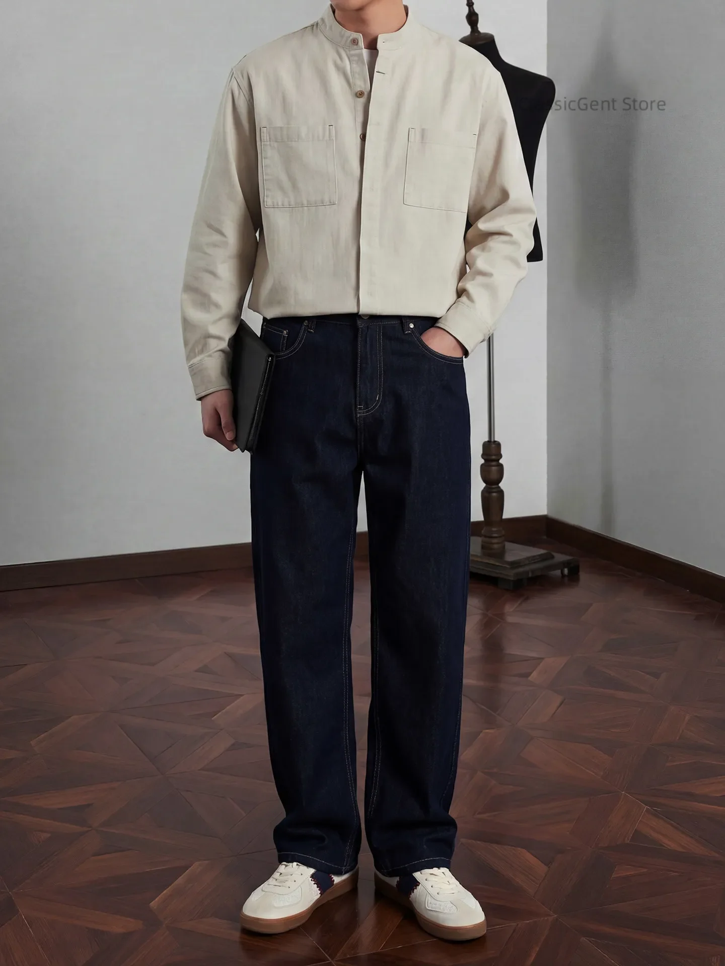 Soft to the touch, modified neck Zhongshan collar 7OZ long-sleeved shirt 11 pcs pure cotton to absorb sweat