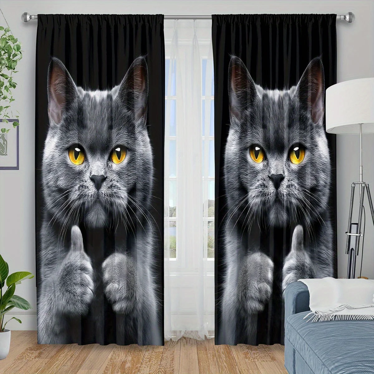 Cool Grey Cat Rod Pocket Curtain British Shorthair Thumbs Up Yellow Eye Dark Print For Studio Man Cave Bay Window Home
