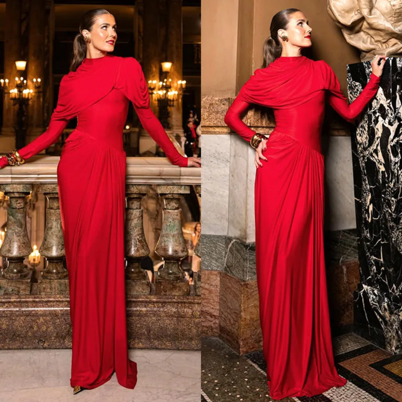 

Premium Solid-Color Pleated Slim Fit Waist-Cinching Gown Elegant Asymmetric Low-Waist Dress Stylish Women Half-High Collar Dress