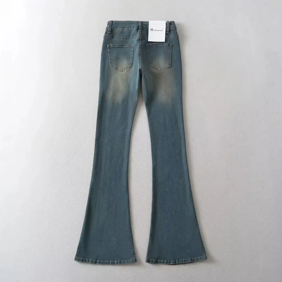 Denim Flare Pants Jeans Women 2025 Autumn Streetwear Vintage Washed Distressed High Waist Stretch Pockets Floor Length Trousers