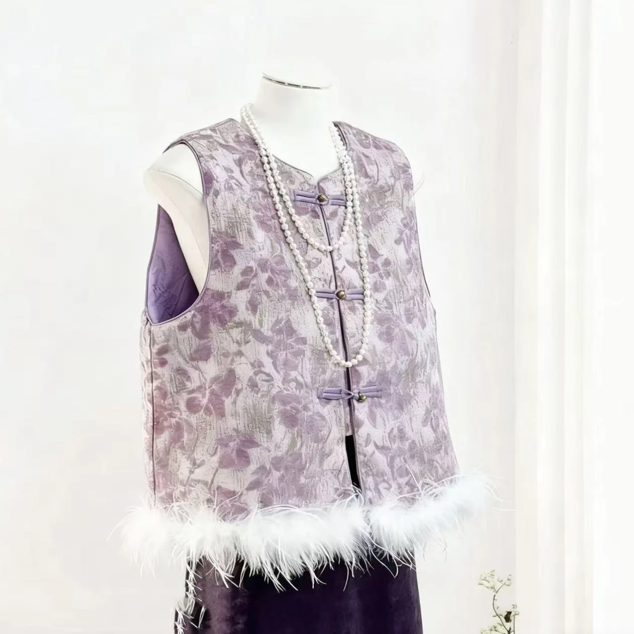 Chinese Style Traditional Ostrich Feather Vest Heavy Industry Jacquard Retro Fashion Cotton Light Luxury Waistcoat Jacket