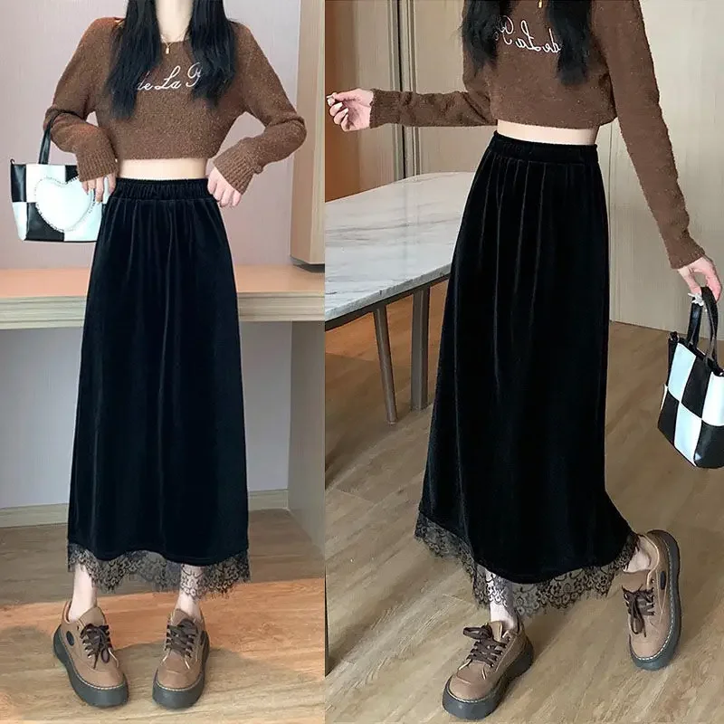 Jupes mi-longues en velours Vintage en dentelle Patchwork pour femme, vêtements trapèze élastiques, couleur unie, mode basique, fendue, automne hiver