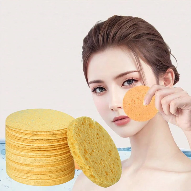 10Pcs Turmeric Exfoliating Cleansing Pads Face Round Makeup Remover Sponge Natural Wood Pulp Sponge Ladies Facial Washing Sponge