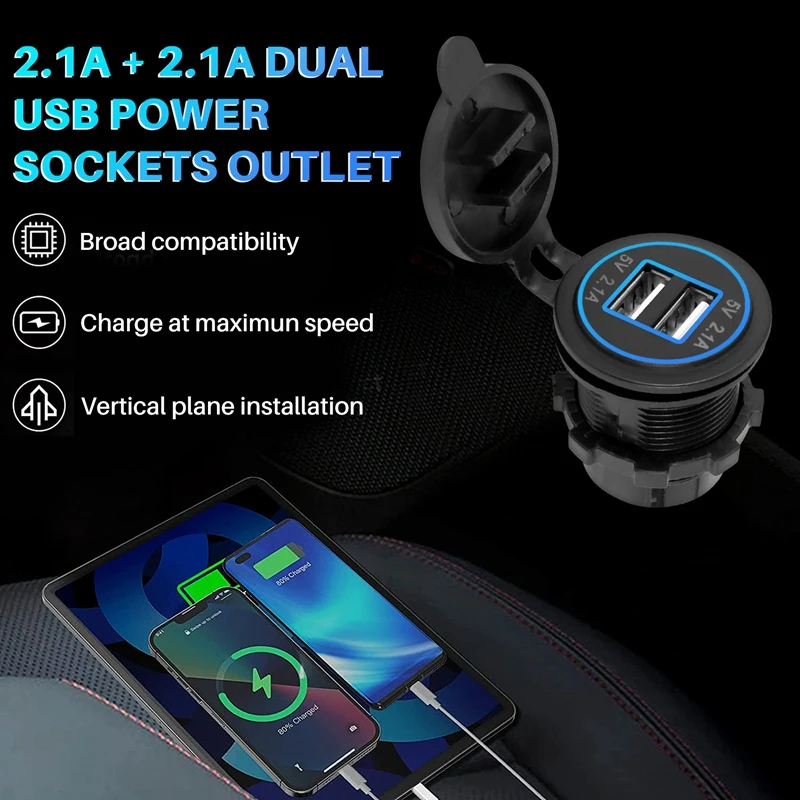 เต้าเสียบสายไฟอะแดปเตอร์เต้ารับสำหรับที่ชาร์จ2USB คู่4.2A 5V สำหรับ12V 24V รถยนต์มอเตอร์ไซค์ (สีฟ้า)