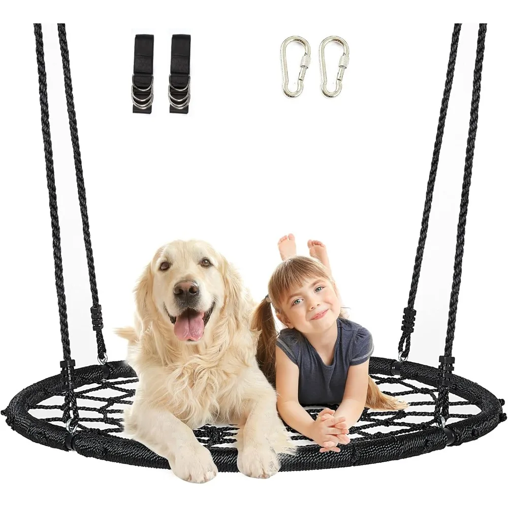 Juego de columpios de árbol de 48" - Columpio de red redondo de telaraña para niños con 2 correas colgantes y mosquetones, cuerdas colgantes ajustables de 71", máx.