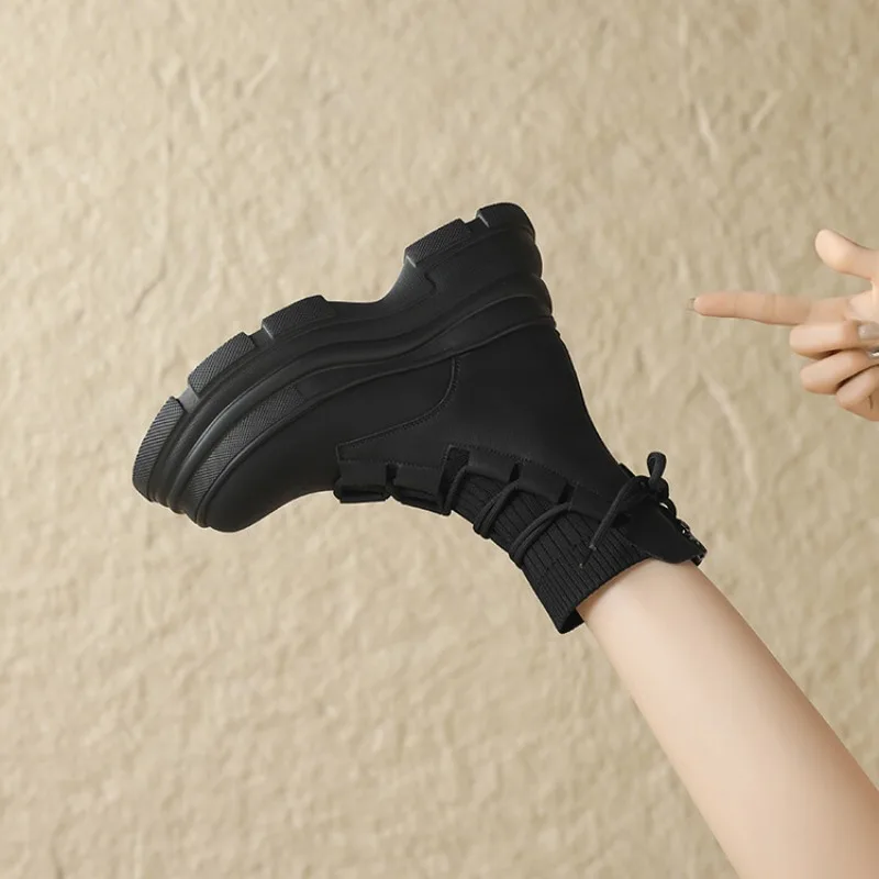 NEW Designer Women High Platform Gothic Leather Punk Shoes Female Ankle Short Combat Boots Wedge Heels Chunky Motorcycle Boot - view 5