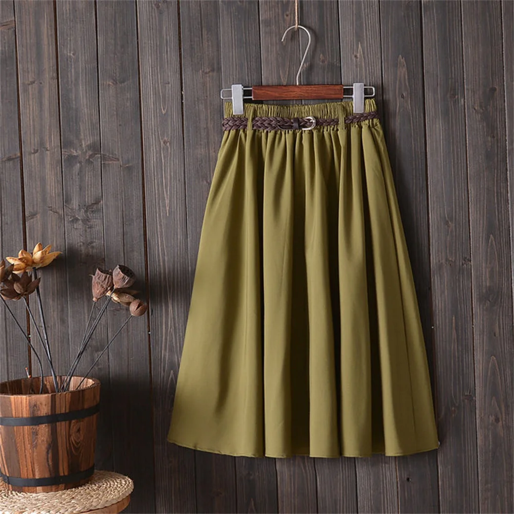 Midi Knee Length Summer Skirt Solid Color Women With Belt Fashion Korean Ladies High Waist Pleated A-line School Female Skirt