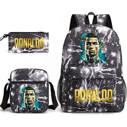 Bolsa escolar impressa Ronaldo para crianças, mochila de três peças, mochila estudantil, bolsa de viagem ao ar livre, bolsa de ombro, estojo para lápis