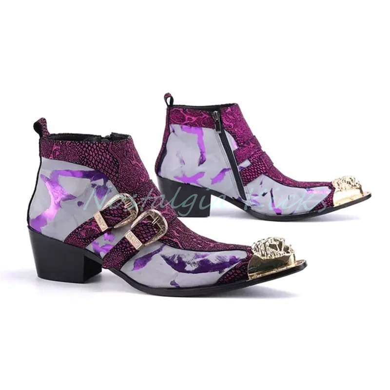

Мужские фиолетово-серые ботильоны с принтом, двойная пряжка, металлический наконечник, змеиный принт, ретро-сапоги, повседневная обувь для вечеринок на массивном каблуке с боковой молнией