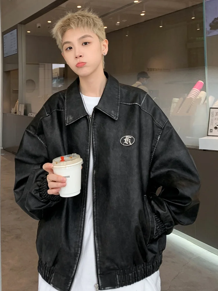 

Leather Jaet Men's Spring Autumn Motorcycle Sle Flip Collar American Retro Cool Biker Vest Faionable Youth Culture