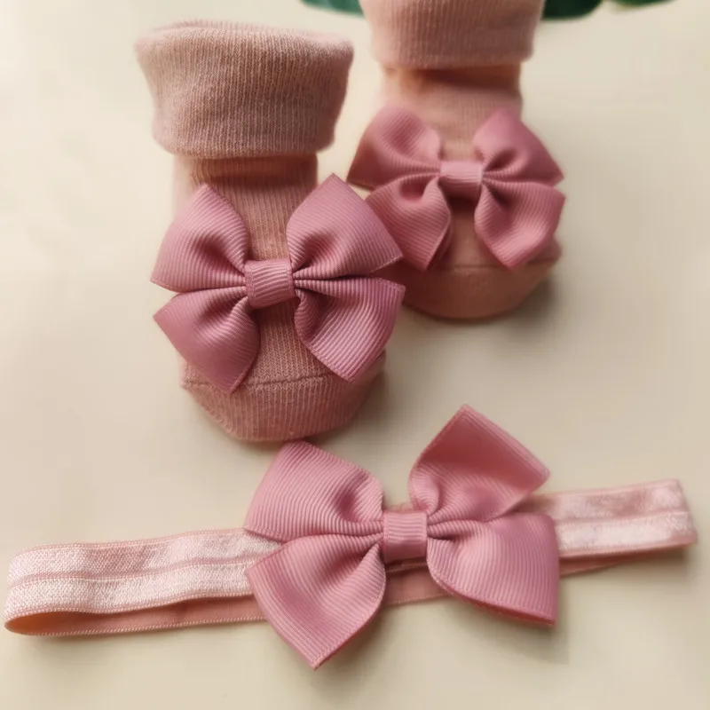 2Pcs/Set Baby Girls Headband + Socks Set 0-12 Months Cute Toddler Princess Socks Autumn Infant Bowknot Socks