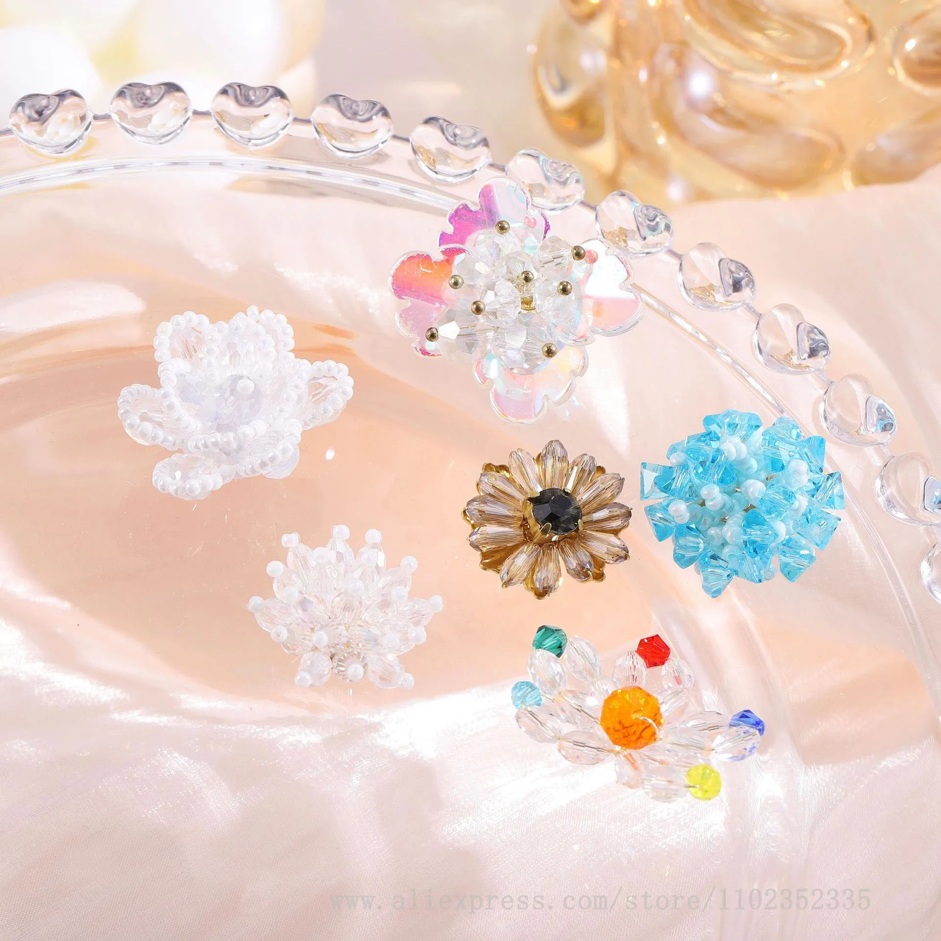 10pcs/ Bag  Double layer pearl crystal flower DIY hand woven bead hair clip accessory