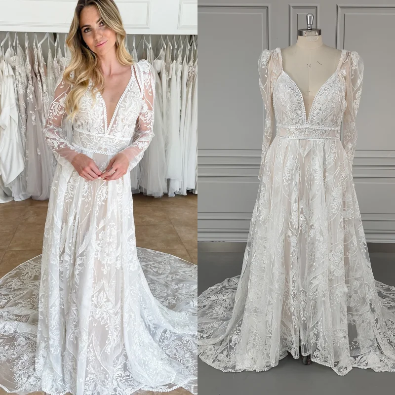 8246 #   Maßgeschneidertes, exquisites Brautkleid mit Spaghettiträgern, V-Ausschnitt und abnehmbaren Ärmeln, rückenfreiem Sweep-Zug